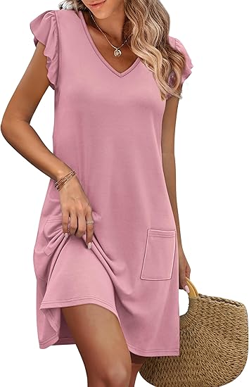 Womens Summer Dresses 2026 Ruffle Sleeve V Neck Loose Swing Sundresses with Pockets Plain/Print