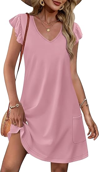 Womens Summer Dresses 2026 Ruffle Sleeve V Neck Loose Swing Sundresses with Pockets Plain/Print