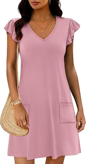Womens Summer Dresses 2026 Ruffle Sleeve V Neck Loose Swing Sundresses with Pockets Plain/Print